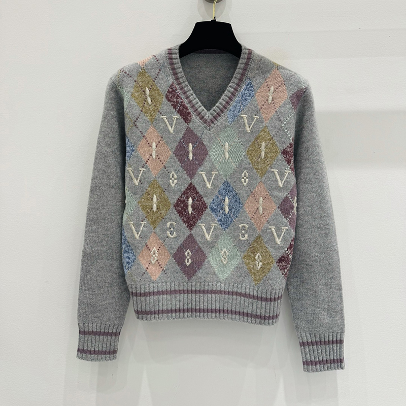 Luxury Women Knits Sweater Top Colorful Plaid Letter V Neck Jumper Sweater Autumn Winter Preppy Style Knitted Sweater