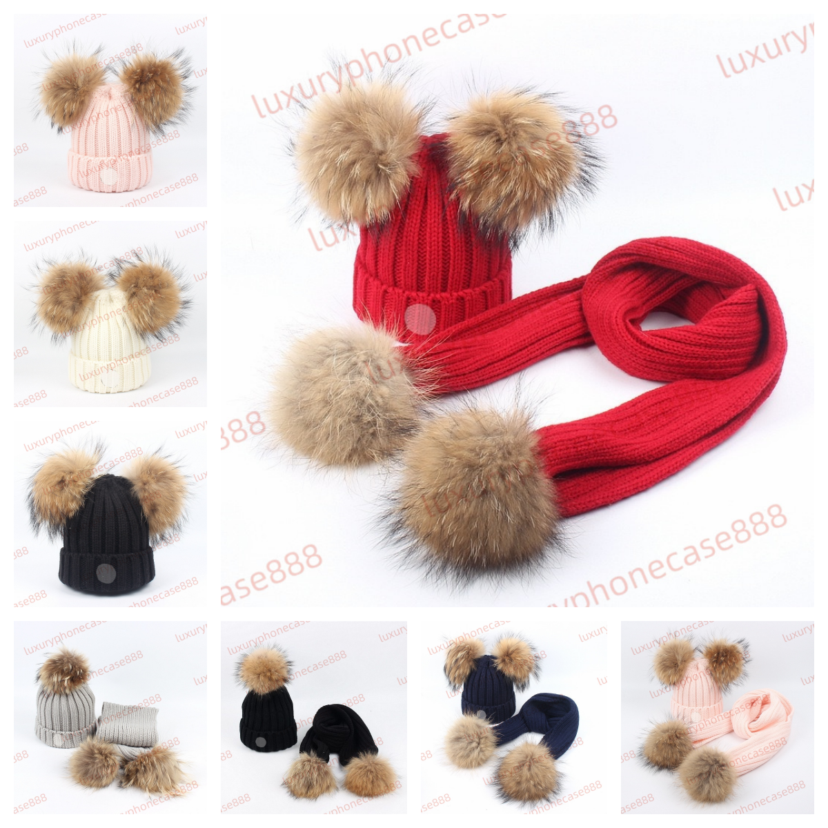 Kid designer M Embroidered badge Hat kids Cap Big Fur Poms children boy girl Winter Hats scarf For Kid Caps Baby Solid Color Knitted Beanies pom pom Brimless hat DHgate