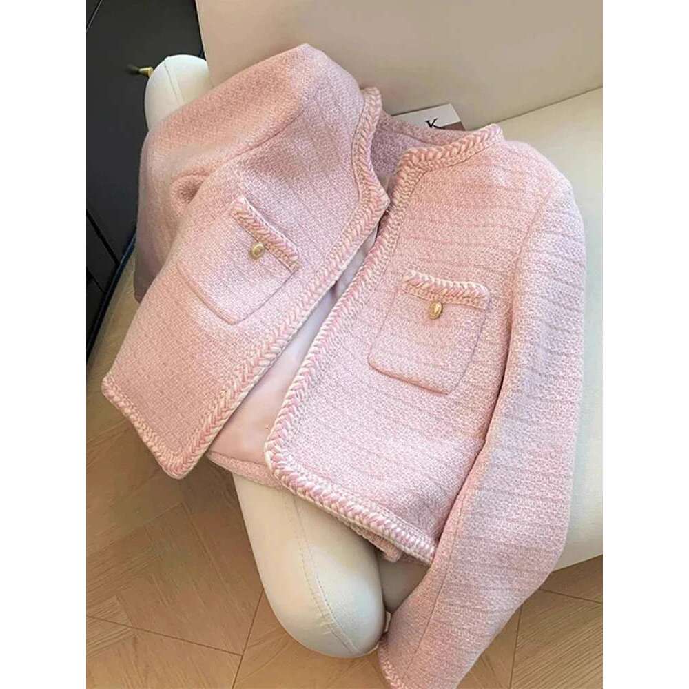 Designer Clothes Single Breasted Elegant Cropped Coat Korean Fashion O-Neck Short Outerwear Autumn And Winter New Pink Sweet Tweed Jacket Women
