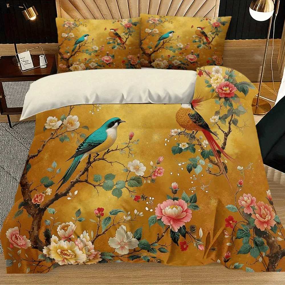 3pcs Two Birds Dancing with Flowers Pattern Digital Print Quilt Set - Includes 1 Quilt Cover and 2 Cover without FillerM251118