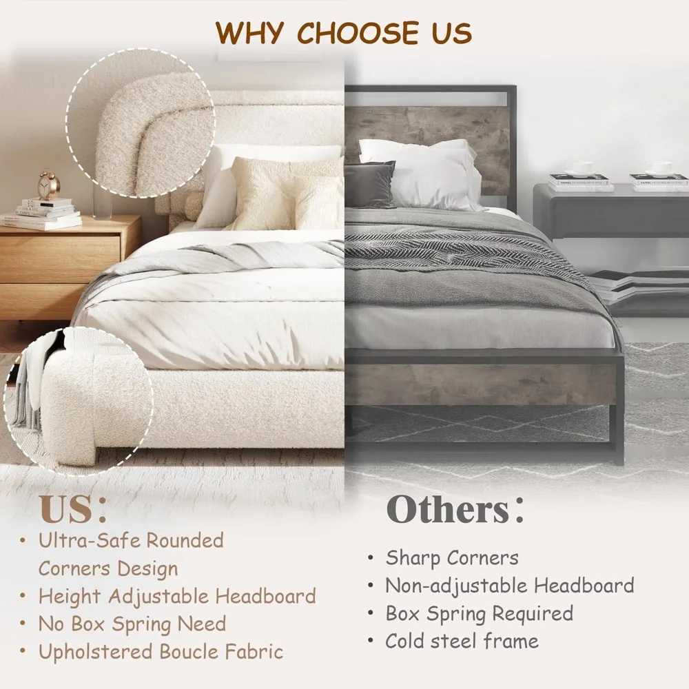 King Size Boucle Bed Frame Cloud Upholstered Platform Bed with Height Adjustable Headboard Soft Rounded CornersM251118