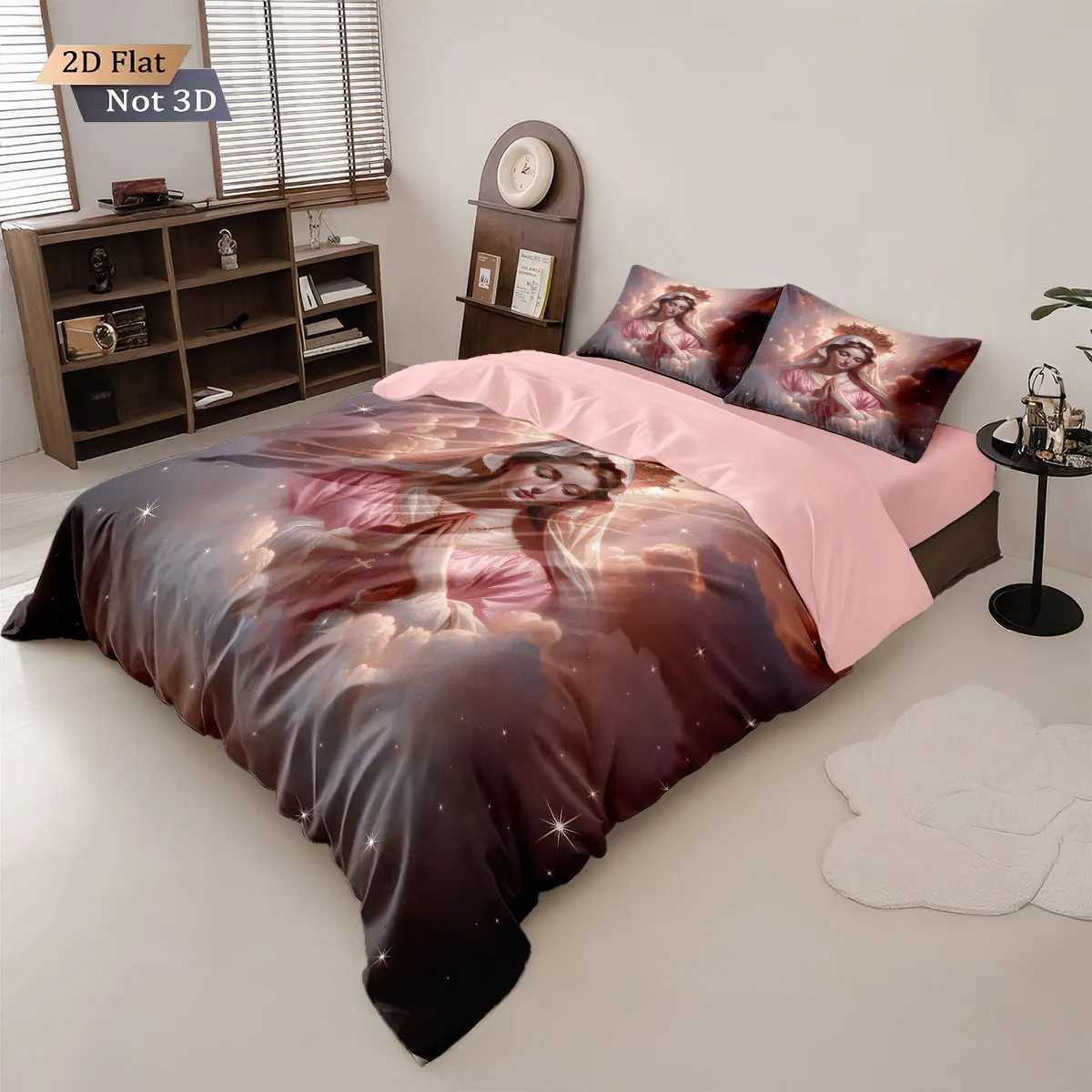 3pcs Virgin Mary Pink Printed Core Free Bedding Set Soft and Comfortable Dormitory Bedroom Multiple Sizes Machine WashableM251118