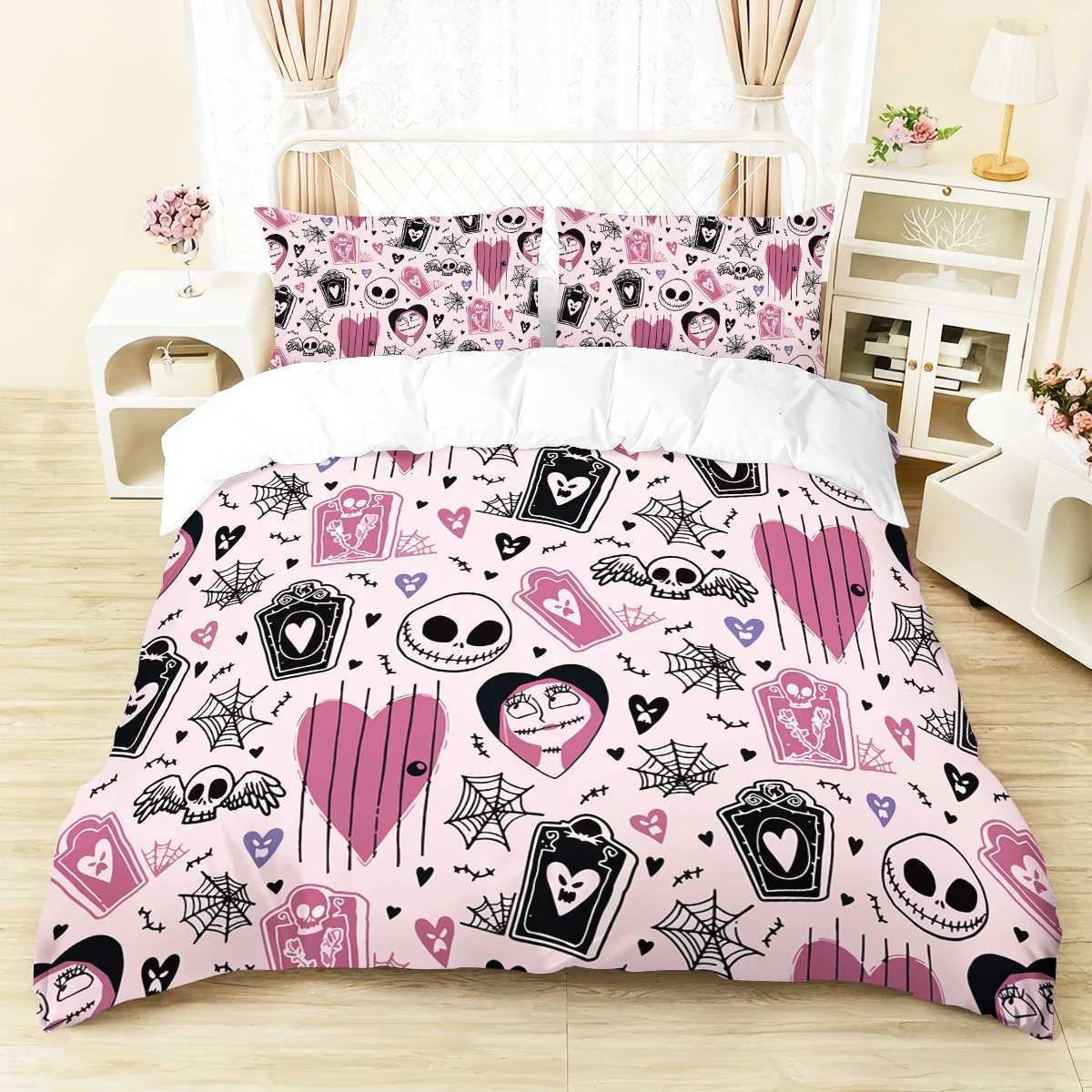 3-piece Halloween themed pink cute skull and heart-shaped pattern duvet cover set 1 duvet cover2 cases corelessM251118
