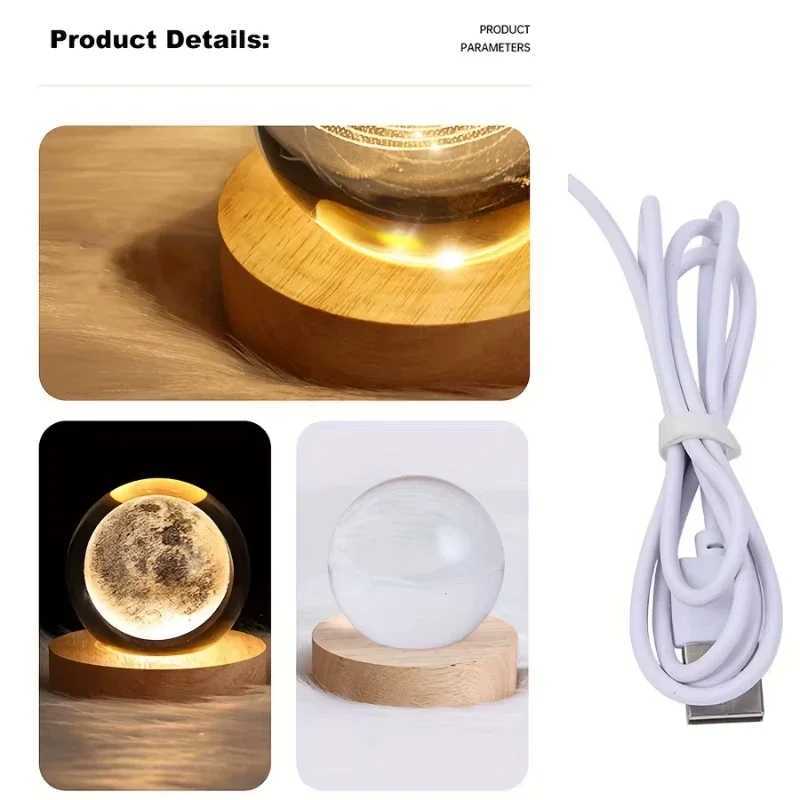 6cm 3D Solar System Crystal Ball LED Night Light USB Saturn Planet Glass Sphere Atmosphere Lamp for Bedroom Kids Gift Home Decor M251118