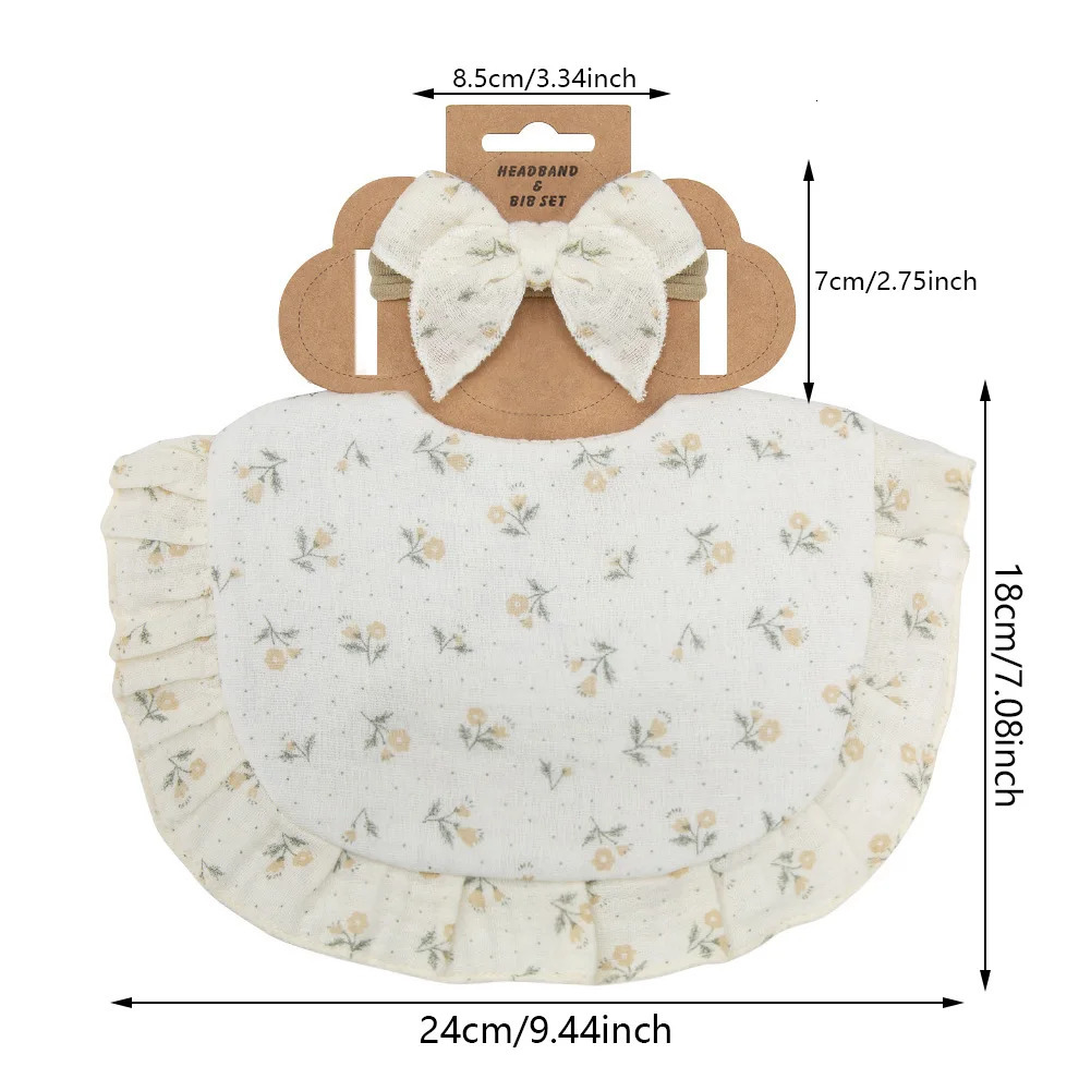 2 piecesset with ruffled edges plain cotton baby bibs hair bows girl headbands floral prints Saliva towels feeding Burp clothes scarves 250414z
