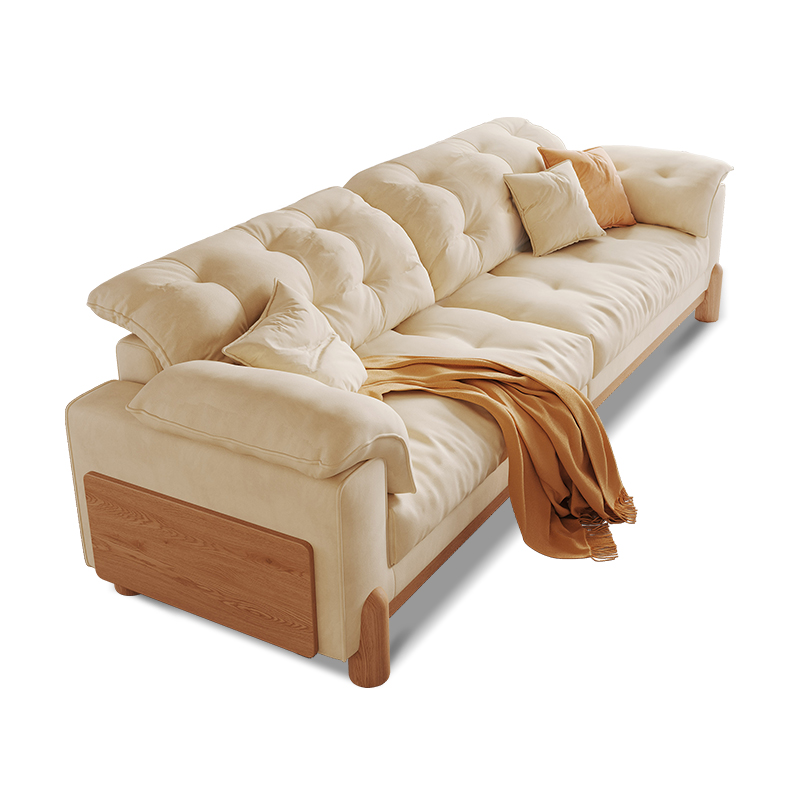 Log Wood Cream-Style Sofa, Skin-Friendly Fabric Plush Couch with Cushions, Modern Comfortable Living Room Sofa, Stylish Home Furniture with Wooden Leg