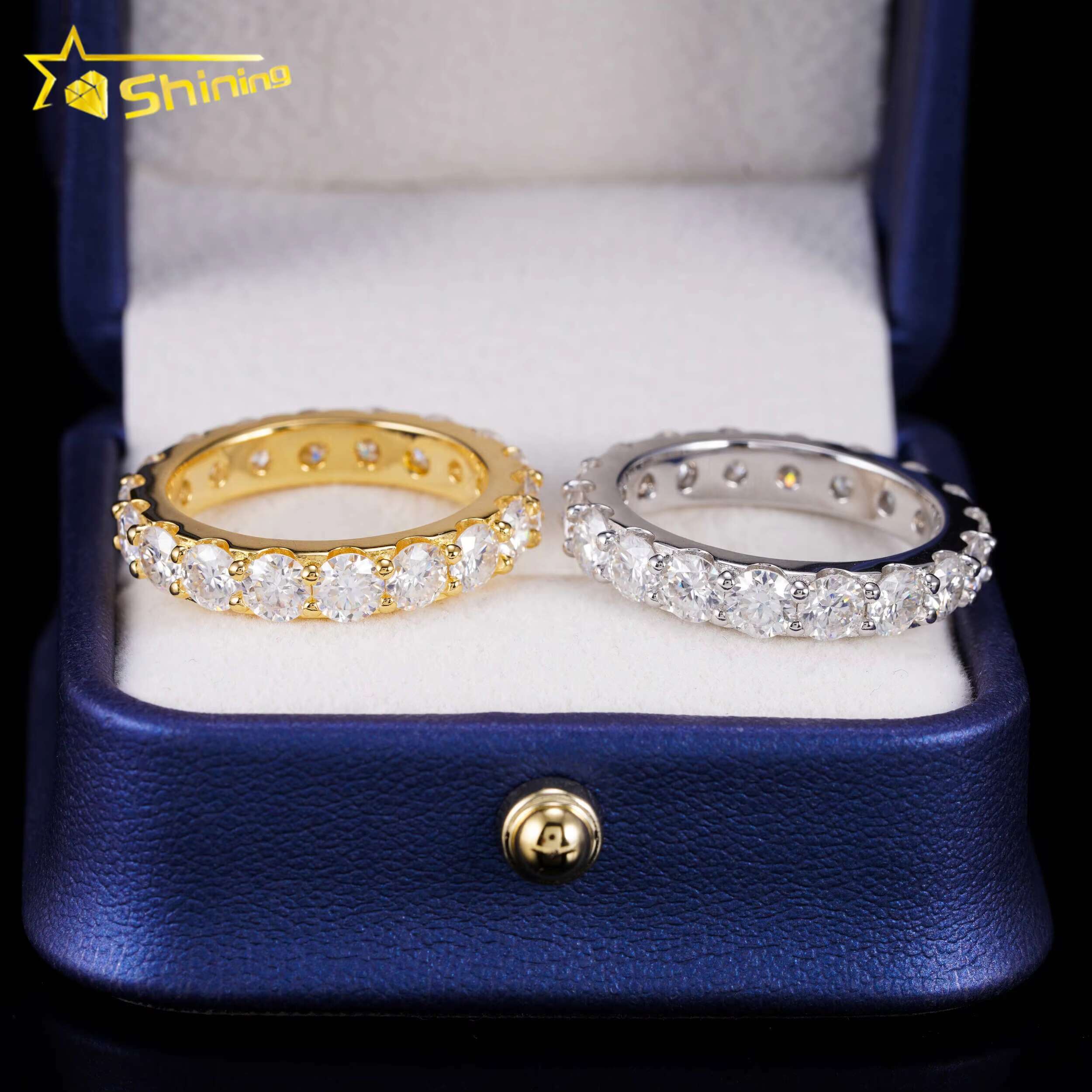 Sier 14K Gold Plated Women Jewelry Iced Out Classic Lab Grown Dia Engagement 4MM Moissanite Eternity Band Ring