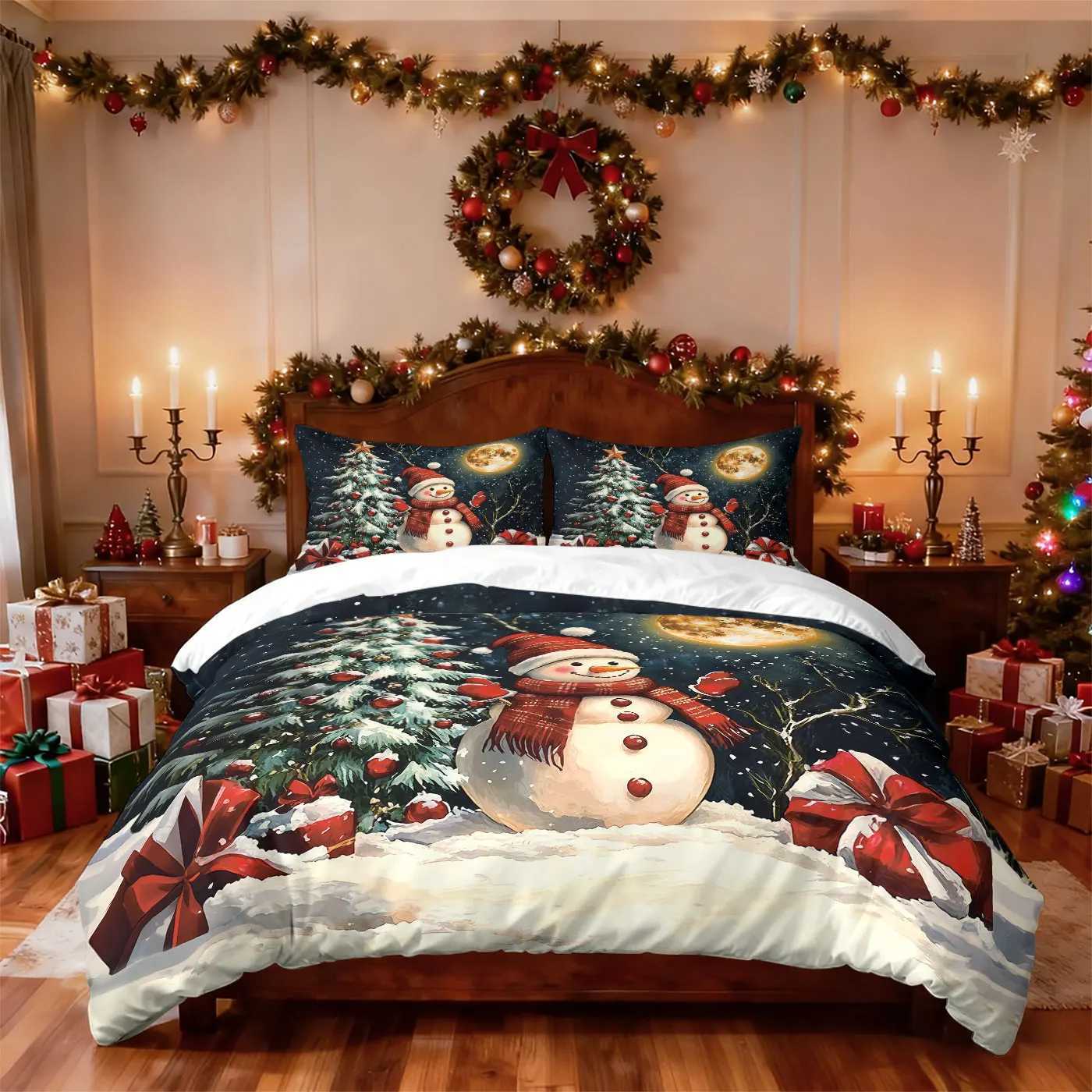 3pcs Christmas snowman reindeer red print coreless duvet set multi size bedroom bedding holiday decoration soft machine washableM251118