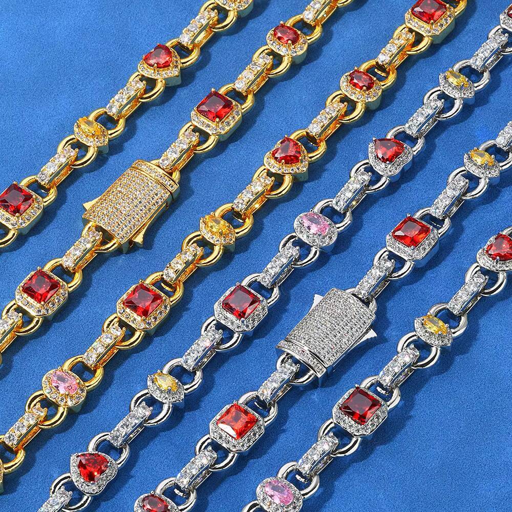 NUOYA Hip Hop New Style Link Chain 925 Silver VVS Moissanite Necklace 10MM Geometric Shape Design Red Zircon Women Jewelry