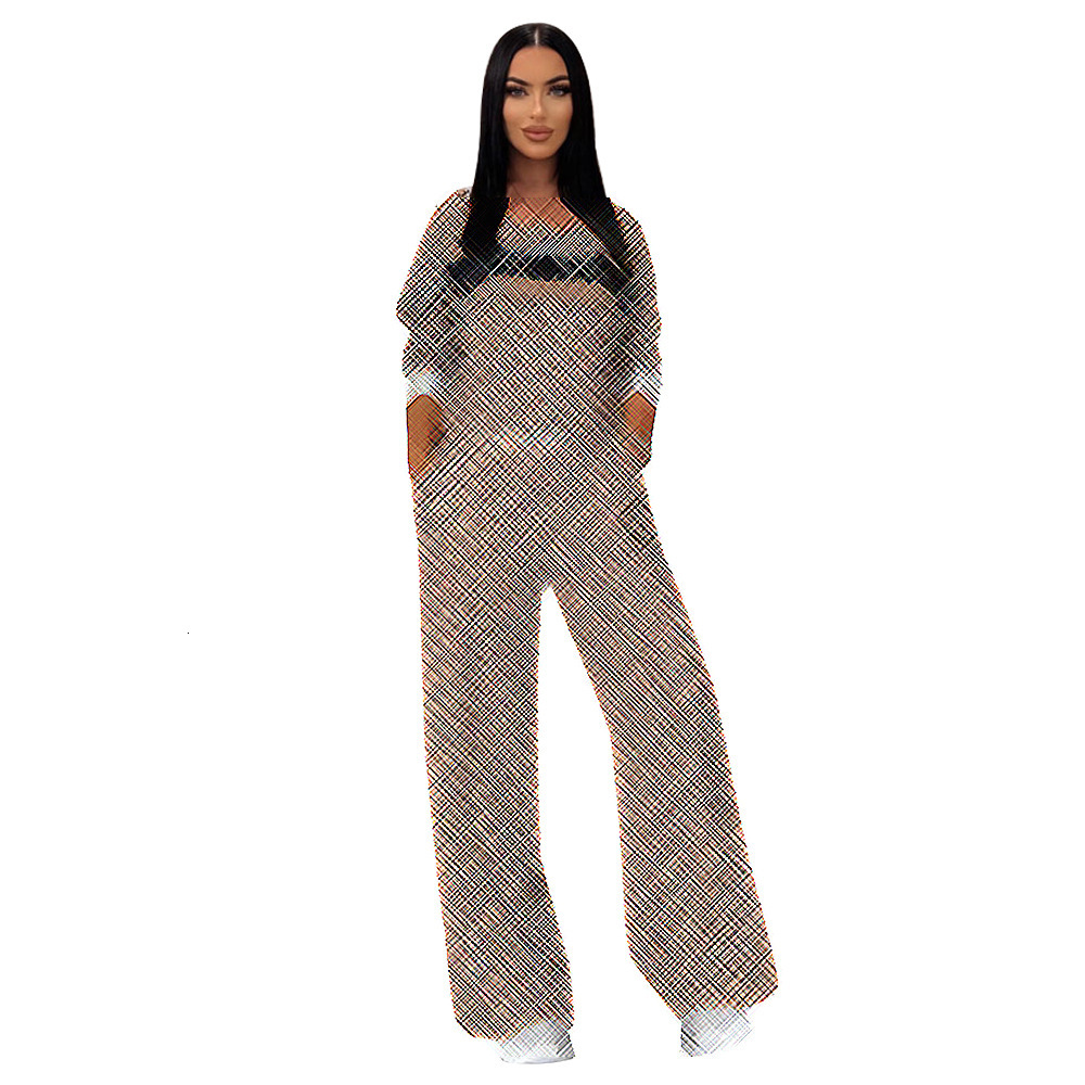 DD0016 Womens Fashion Casual Trendy Ribbed Set Long Sleeve Loose Wide Leg Pants TwoPiece Set