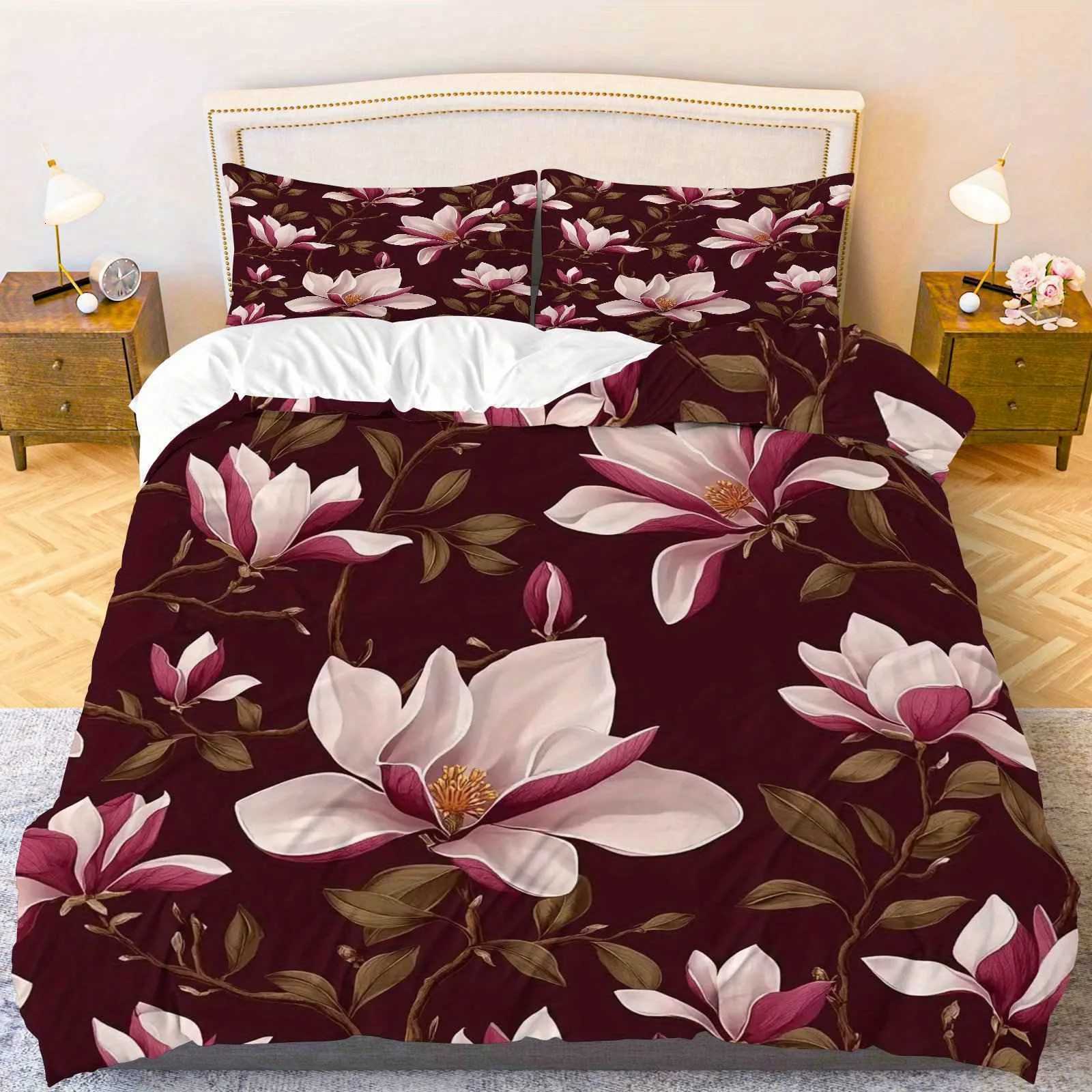 Duvet Cover White Pink Magnolia Flower Theme Floral Bedding Set Suitable for Bedroom Decoration Living Room Hotel Modern DecorM251118