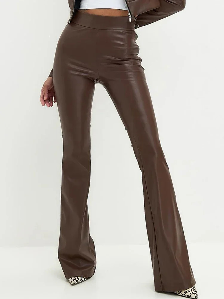 Red Shiny PU Faux Leather Flare Pants Women Autumn Spring Fashion Slim Sexy High Waist Casual Trousers Female Y2K Leggings Z260314