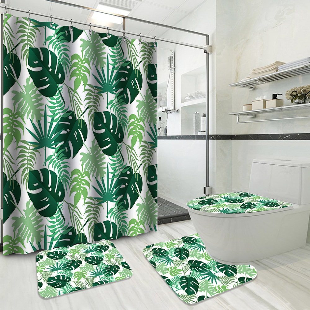 YL-37743 Hot Selling Shower Curtain 4-Piece Set, Green Plant Series, Waterproof and Mildew-Proof Shower Curtain, No Drilling Required
