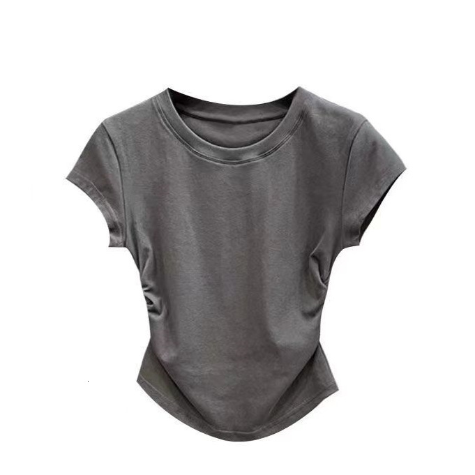 Ins hot girl pure desire waist cinching t-shirt short sleeved women 2024 summer new item solid color base cover slim fit top women's trend