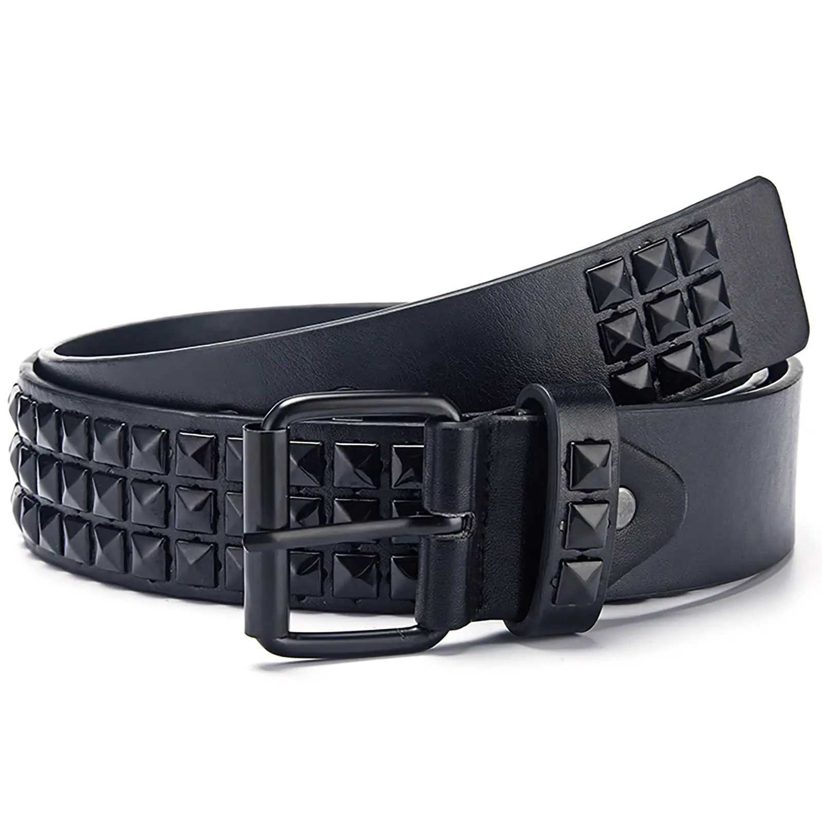 Black Three-Row Rivets Punk Style Fashionable Belt for Men and Women Rock Metal Belt W251118
