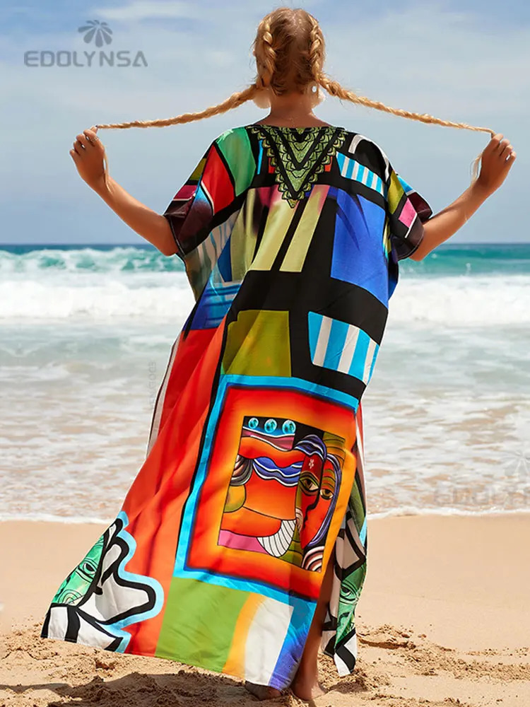 2023 Multi Color Kraft Tan Bohemian Printed Vneck Batwing Sleeve Street Dress Long Beach Swimsuit Cover Q1342 250415Z