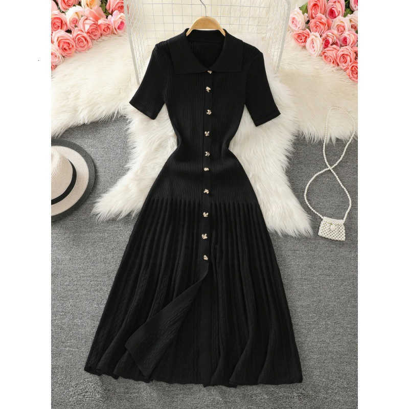 Summer Womens Black Rice Single Chest Knitted Long Skirt Green Elegant Office Short Sleeve Folded Dress Fashion