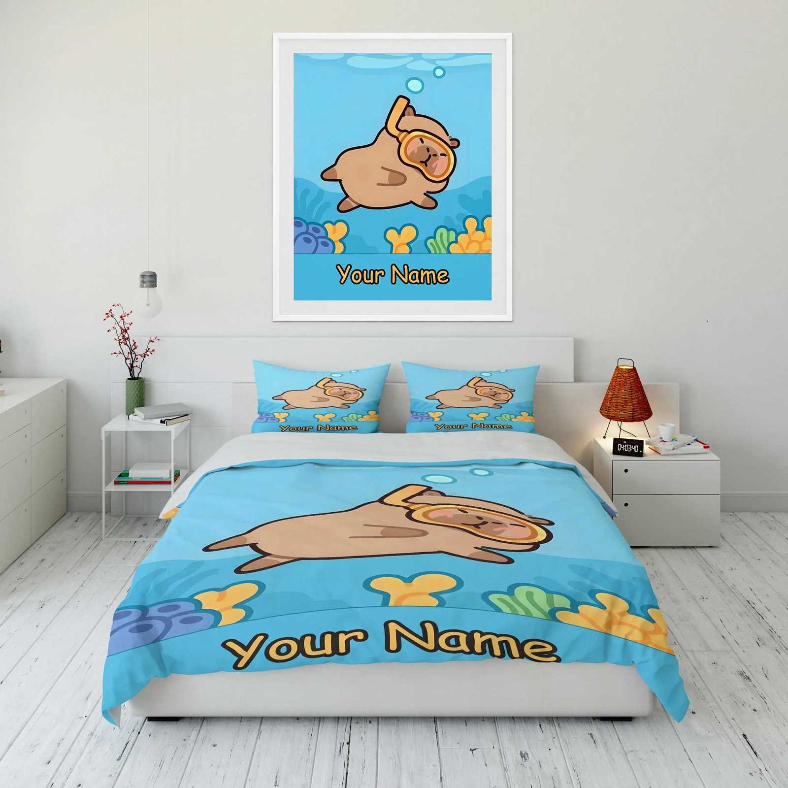 3PC Custom Name Capybara Printed Bedding Set Cartoon Anime Duvet Cover Comforter case Boys Girls Children Adults KingM251118