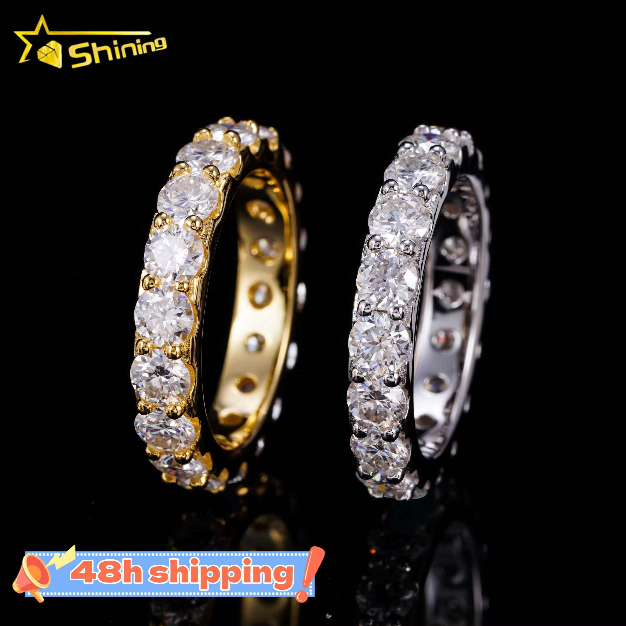Sier 14K Gold Plated Women Jewelry Iced Out Classic Lab Grown Dia Engagement 4MM Moissanite Eternity Band Ring