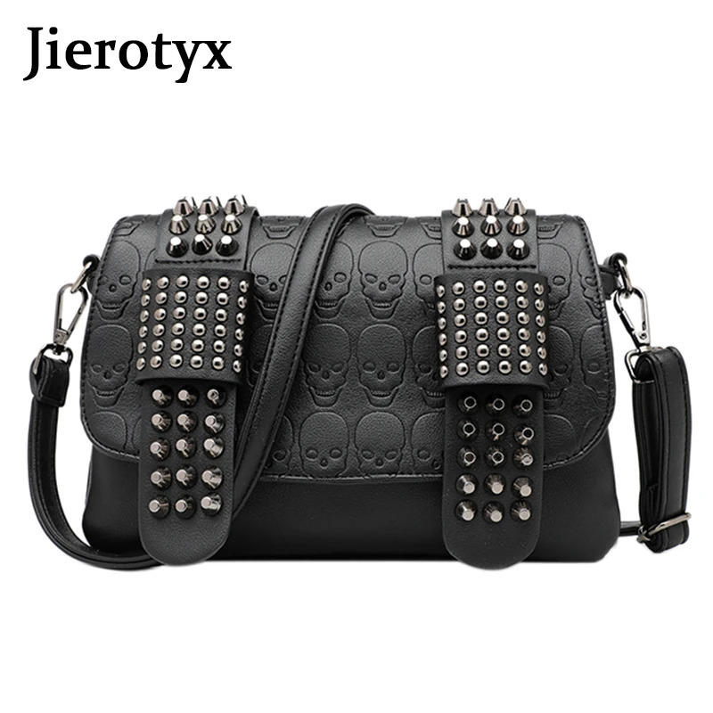 JIETOTYX Women Black Leather Messenger Bags Single Skull Rivet Shoulder Bags Sac A Main Bolsa Black Vintage Sexy Bag Lady Drop 250417