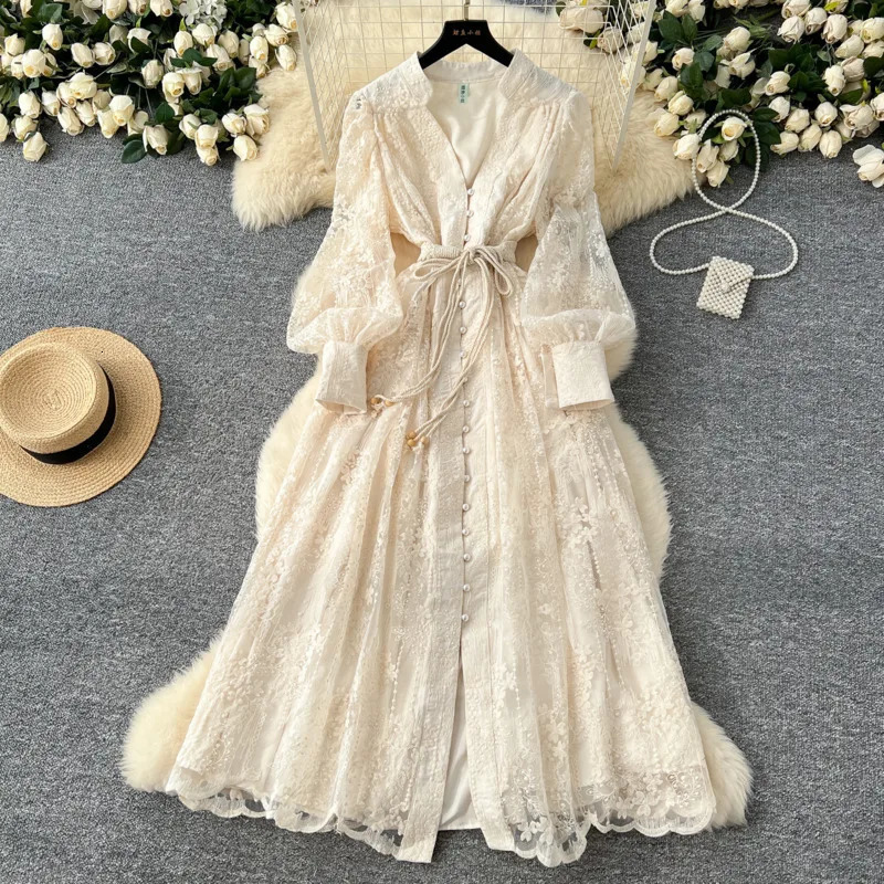 XFPV Bandage Gathered Waist Dress For Women V-neck Long Sleeves Single Breasted Loose Big Umbrella Clothing Fashion 22D408 250417