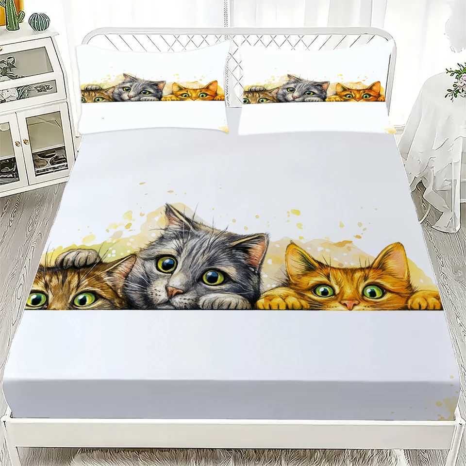 3pcs White Fitted Sheet Set Lovely Cartoon Cat Dog Print 100 Polyester Breathable Bedding Set for Home Decor with 2 casesM251118