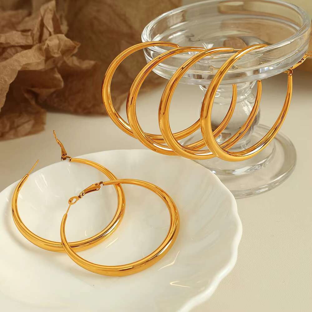 DHcollection Oudiya Jewelry EH02 Thick Large Gold Plated Earrings, New Plain Round Earrings