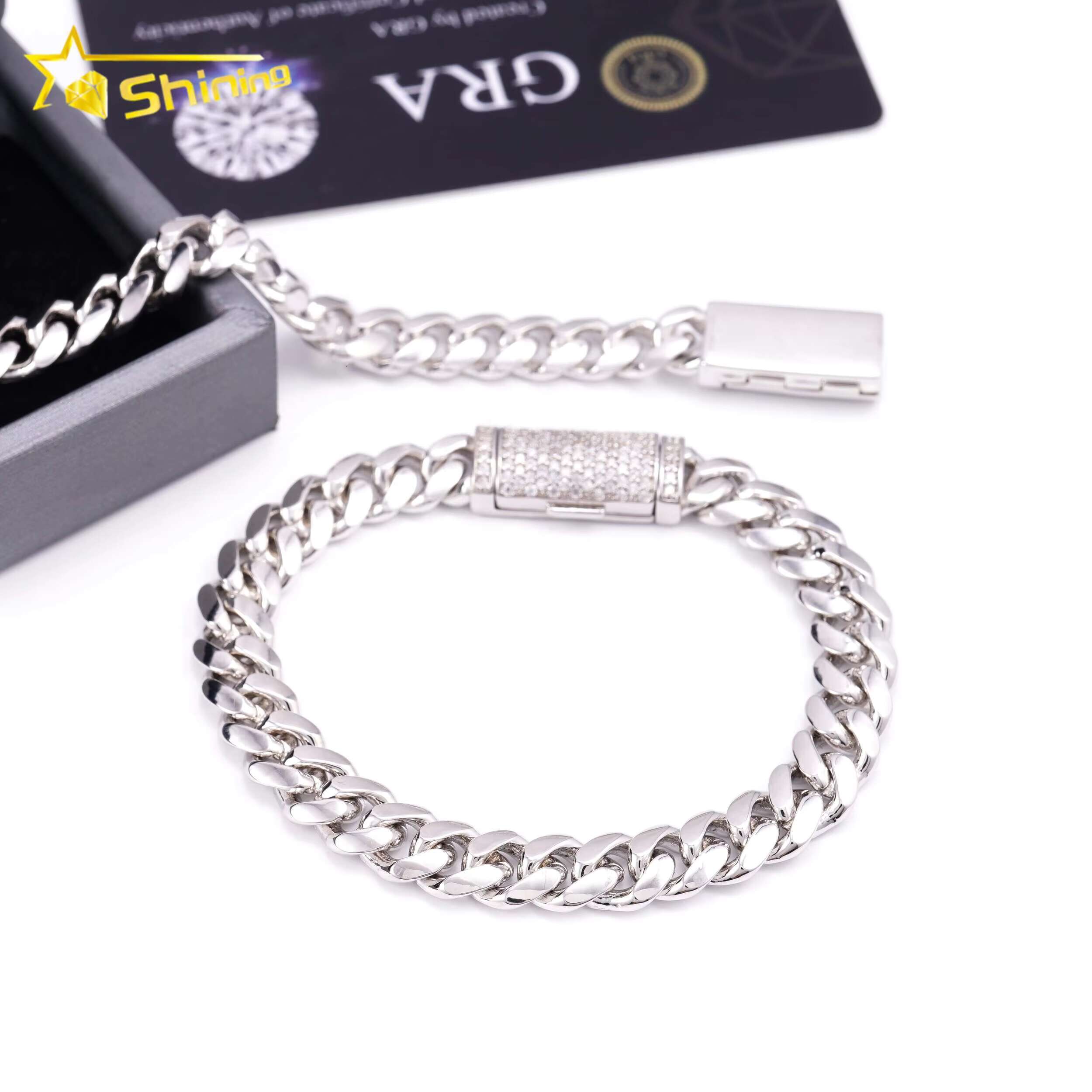 Wholesale 8MM Dia Moissanite Lock Hip Hop Sier Plain Miami Cuban Link Chain Bracelet