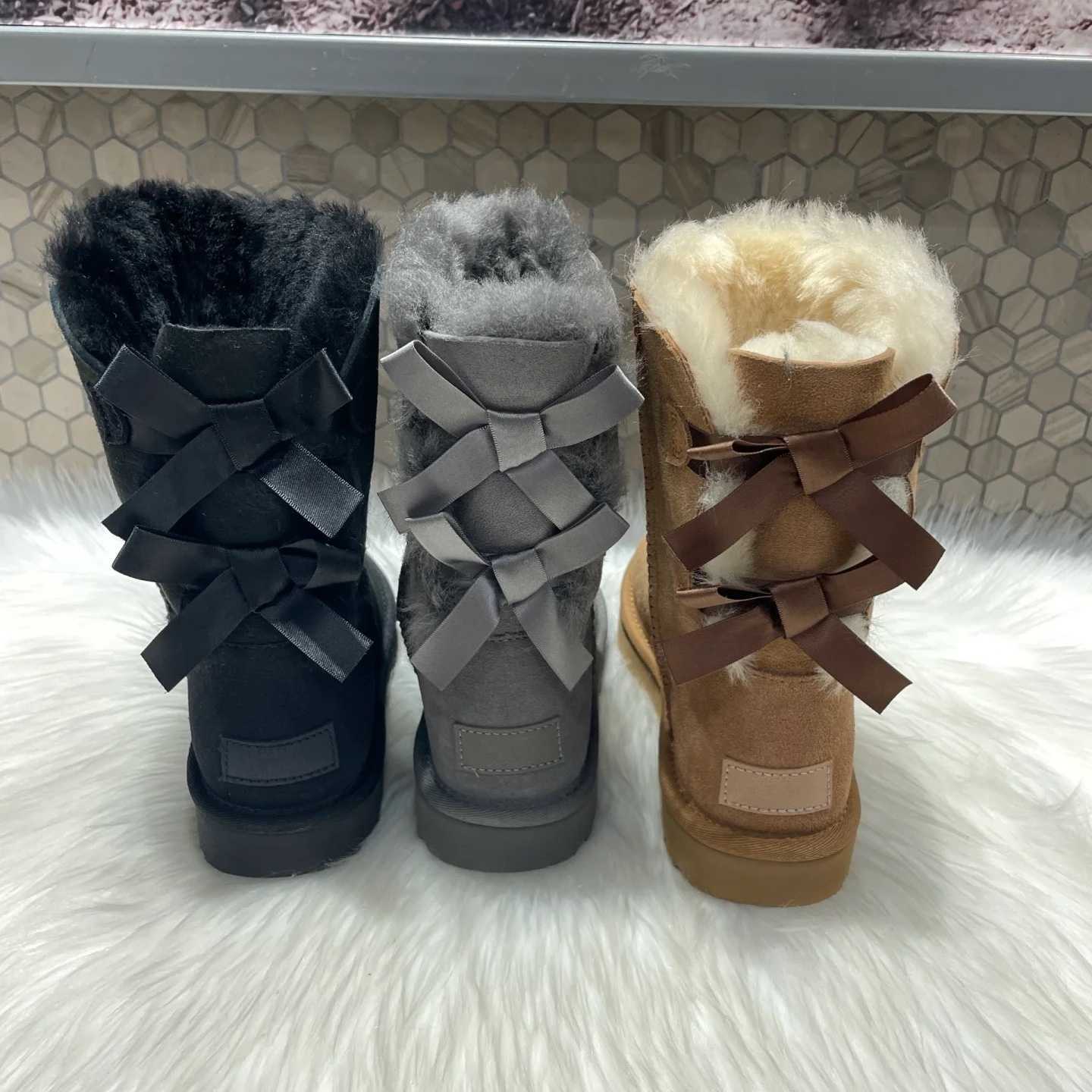 Boots women winter booties designer boots girl classic snow boot ankle short bow mini fur black chestnut pink Bowtie womens shoes size