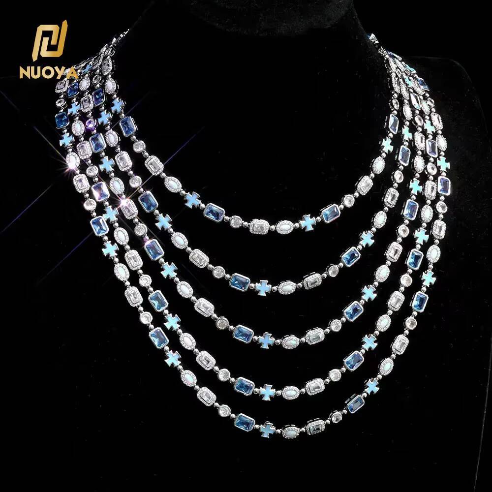 NUOYA Colored CZ Diamond Cross Link Chain Necklace Gold Plated Colorful Opal Link Chain Hip Hop Fine Jewelry for Men Women Gift