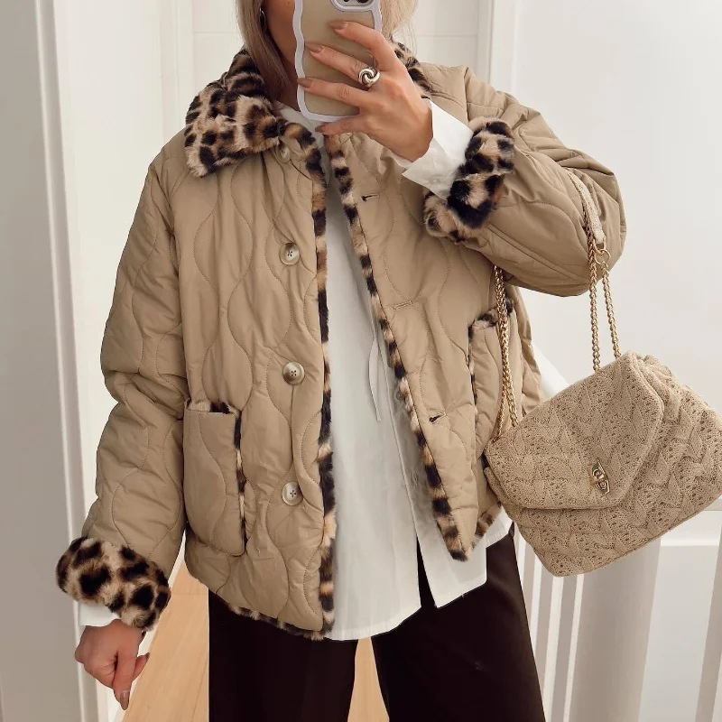 Women's Jackets Collared Reversible Quilted Cotton Jacket Fashion Leopard Print Pocket Medium-Thickness Top