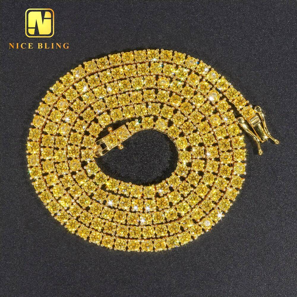 Fashion Hip Hop Tennis Chains 925 Sterling Silver Jewelry 3mm 4mm Gold Color Moissanite Tennis Necklace Braceletts for Men Women