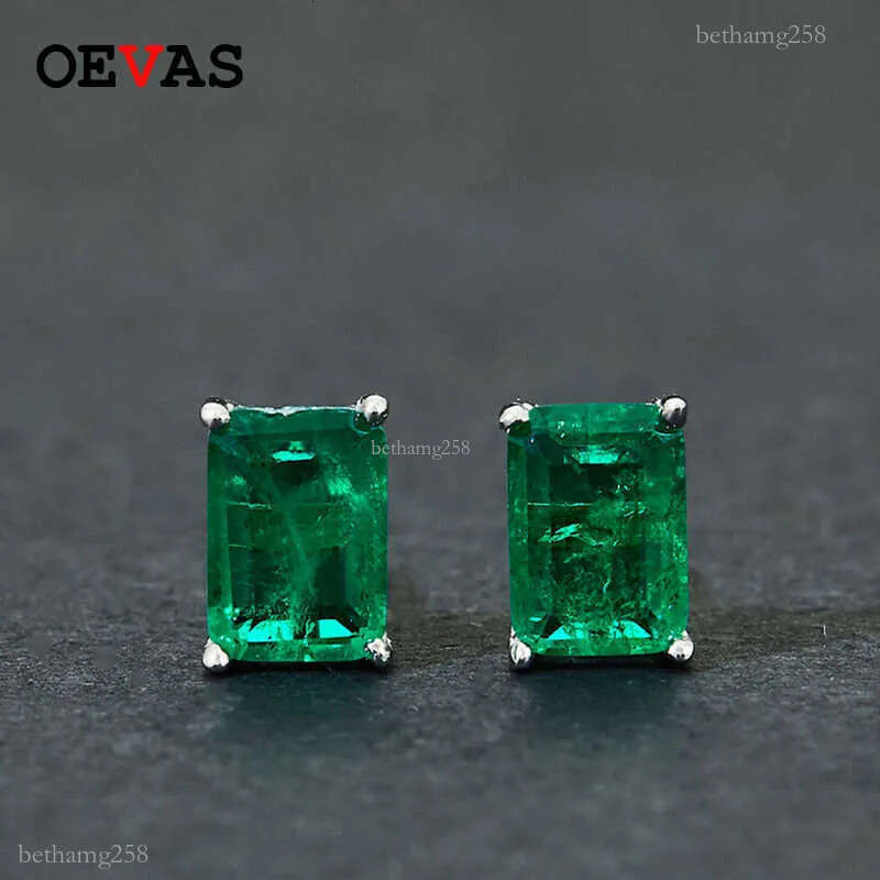 OVEAS Elegant Vintage simulation emerald Stud earrings for women Top quality 925 Sterling Silver Green Zircon Party Jewelry Gift 210609