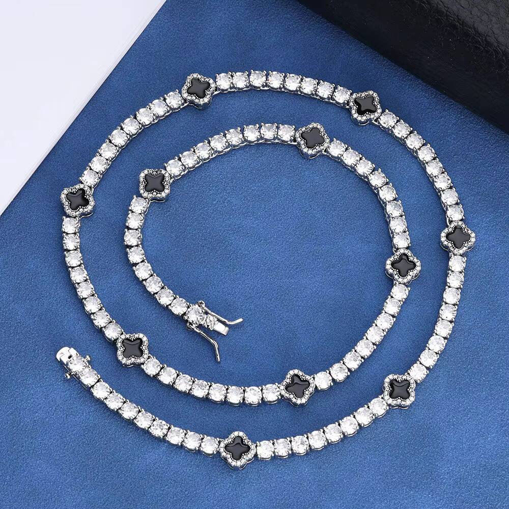Laboratory cultivation Hip Hop Jewelry 4mm Iced Out Moissanite Tennis Chain Black Four Leaf Clover Tennis Chain Necklace Gift for Men Women