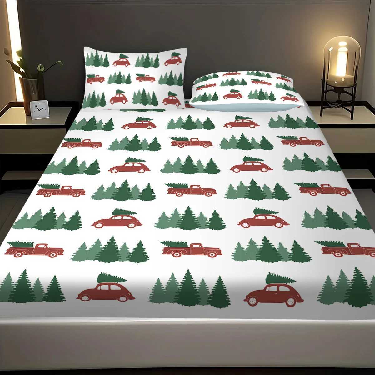 3pcs Merry Christmas Grass Car Printed Chipless Bed Sheet Set Multi Size Bed Cover Bedroom Bedding Holiday DecorationM251118