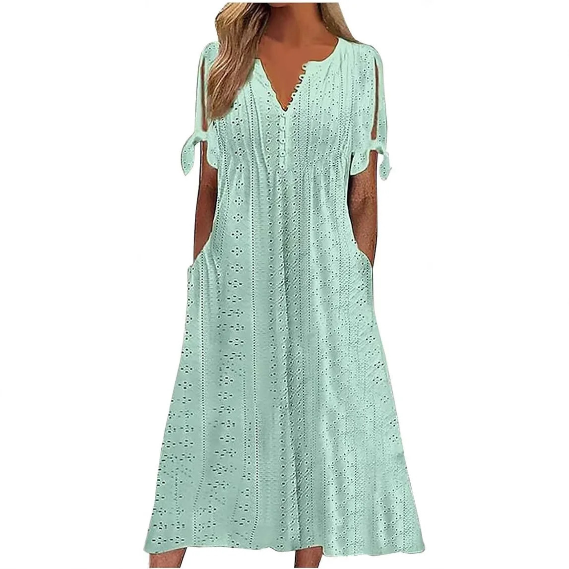 2025 Summer Womens Mid Length Dress With Sexy Holes Hollowed Out Lace Up V-neck Pleated Edges Fashionable Patchwork Dress 250417