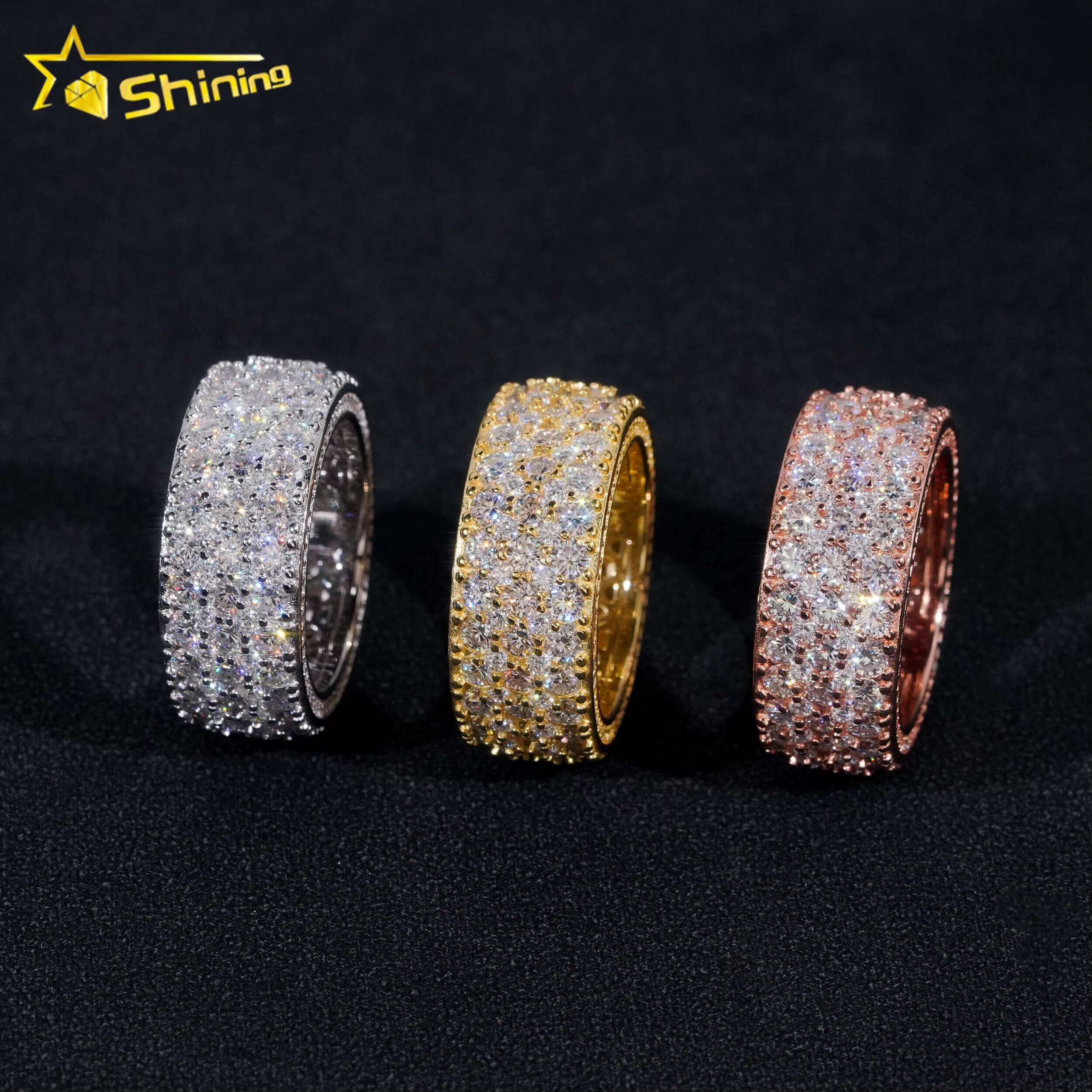 Pass Tester Hip Hop Jewelry Sier 3 Row Stones Fully Eternity VVS Dia Moissanite Iced Out Band Ring
