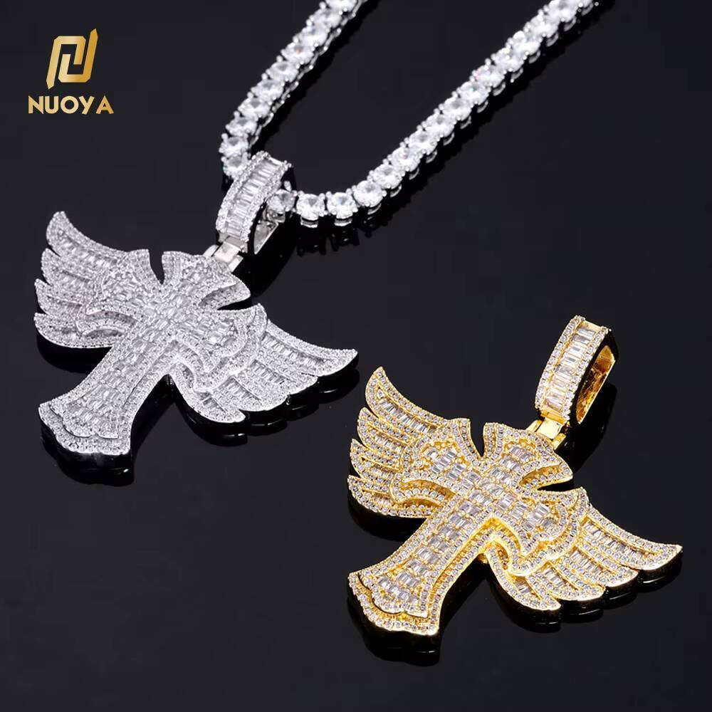 Laboratory cultivation of Moissanite Iced Out Full Diamond Cross Pendant Gold Silver Micro Pave Baguetter Angel Wings Cross Pendant for Hip Hop Men Wo