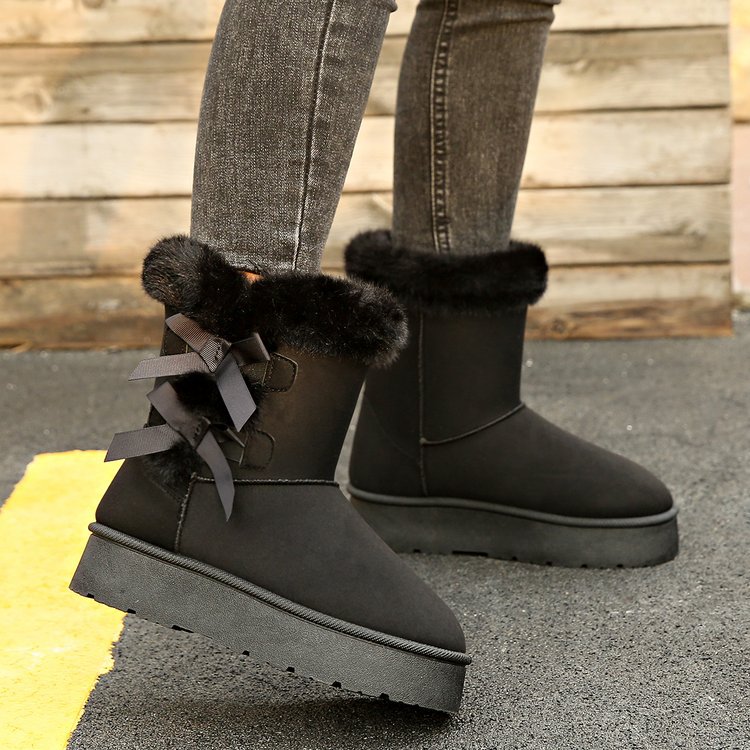 2025 New Large Snow Boots with Velvet Thickened Women's Bow Short Boots Retro Cotton Boots