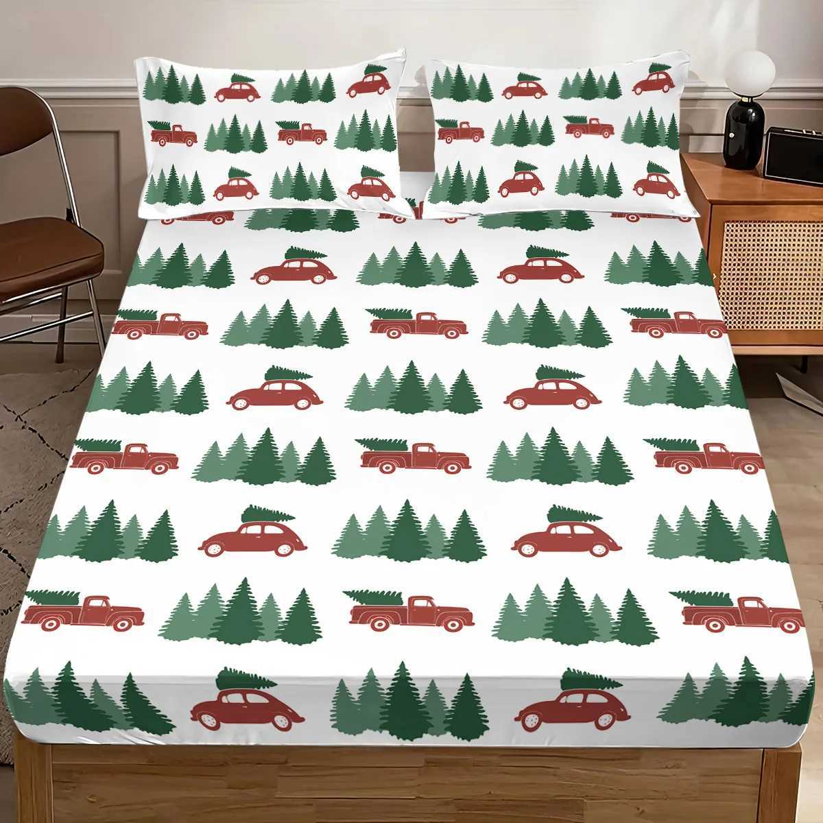 3pcs Merry Christmas Grass Car Printed Chipless Bed Sheet Set Multi Size Bed Cover Bedroom Bedding Holiday DecorationM251118