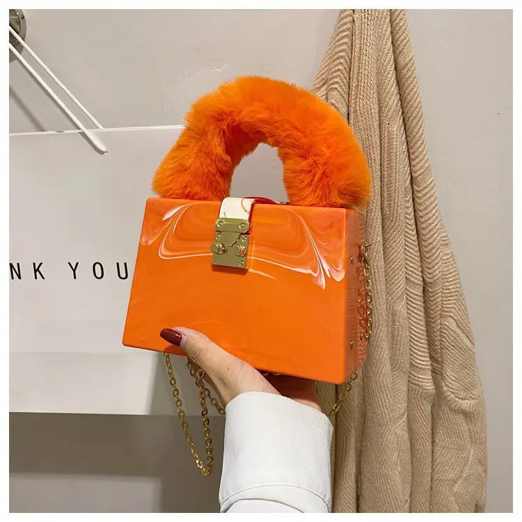 Faux Fur Top Handle Acrylic Party Box Clutch Fashion Purses and Handbags for Women er Evening Bag Chain Shoulder Bag 250417