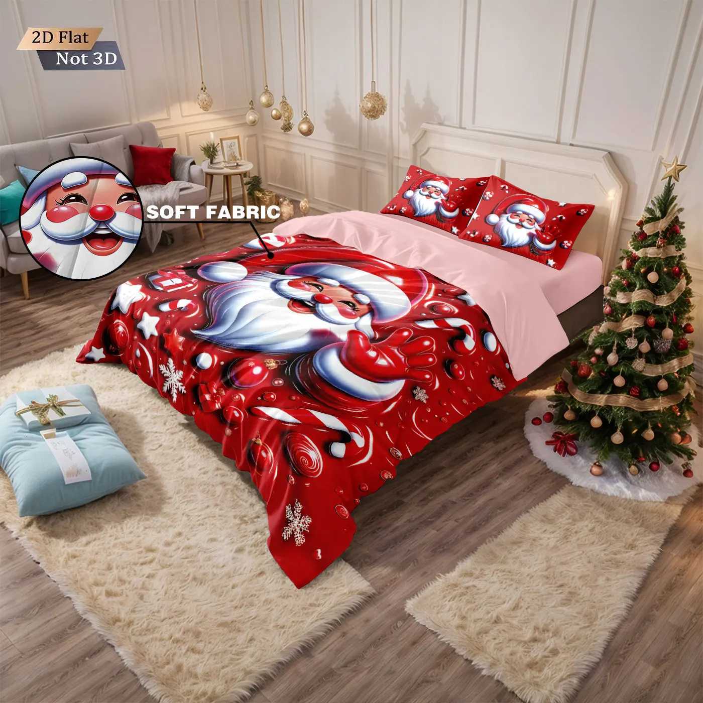 3pcs Red Santa Claus Printed Chipless Bedding Set Soft and Comfortable Dormitory Bedroom Multiple Sizes Machine WashableM251118