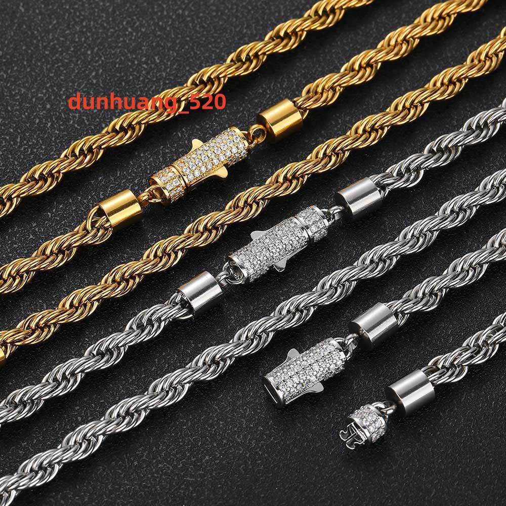 6mm 16-24inch NEW Trendy Men Rope Chain Necklace Bracelet 18K Gold Plated Stainless Steel Twisted Link Chains Necklace Fashion Rock Rapper Jewelry