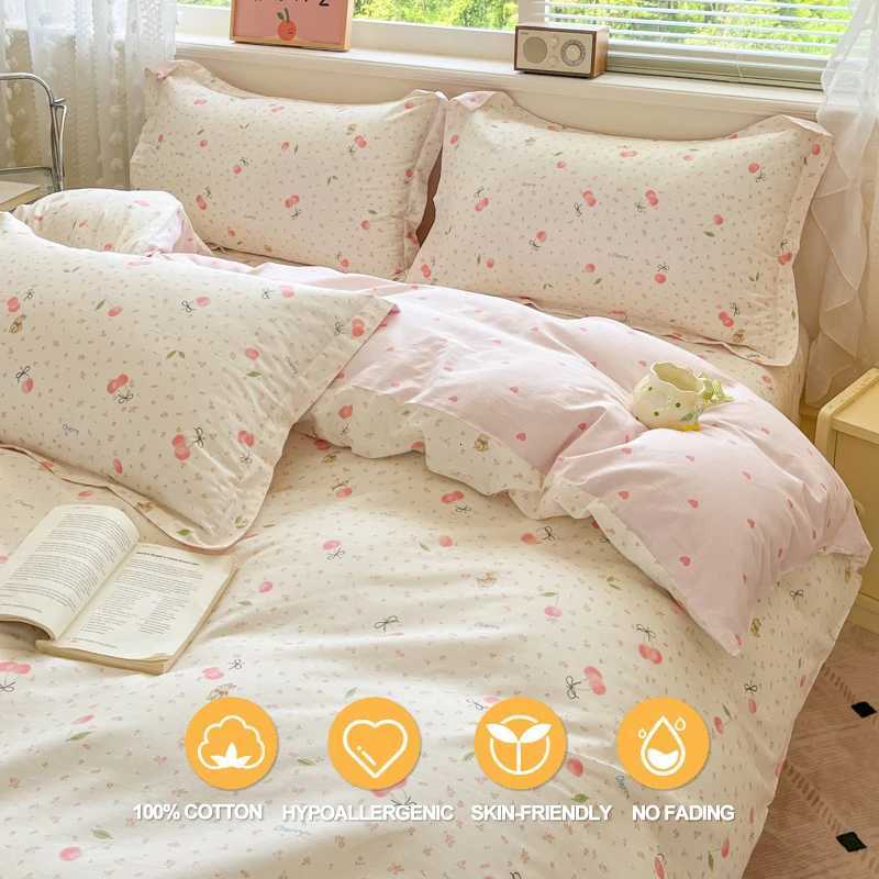 Cherry Printed Duvet Cover Set 100 Cotton Bedding Set 1 Duvet Cover 2 casesBreathable Ultra-Soft Machine WashableM251118