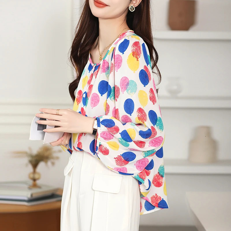 Colorful Polka Dot Print Sweet Chiffon O-Neck Lantern Sleeve Loose Womens Blouse Shirt Korean Fashion Female Clothing Tops 250417