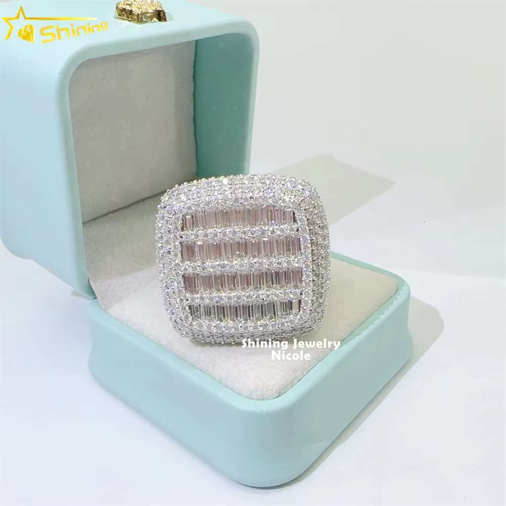 Bling Fully Iced Out baguette Dia Sterling Sier Hip Hop Men Moissanite Ring