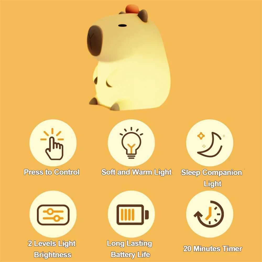 Silicone Capybara Night Lights Portable USB Rechargeable Animal Touch Control Lamp with Timing Function for Home Bedroom Decor M251118