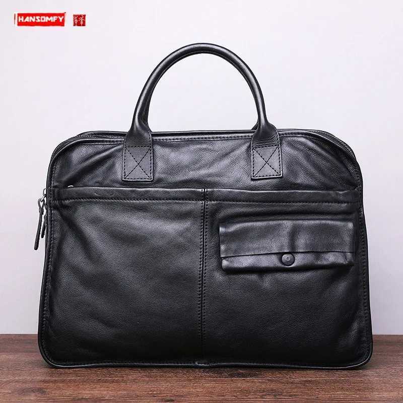 New leather mens handbag soft black shoulder bag business casual briefcase 14-15.6 notebook bag portable file bag 2024 Z250418