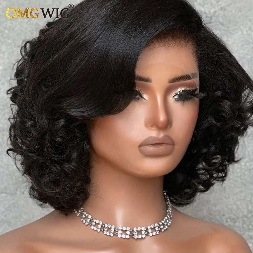360/5X7 Short Layered Bouncy Curly With 4C Kinky Edges Ready To Go Glueless Human Hair Wigs For Black Women Pre Cut Lace Remy