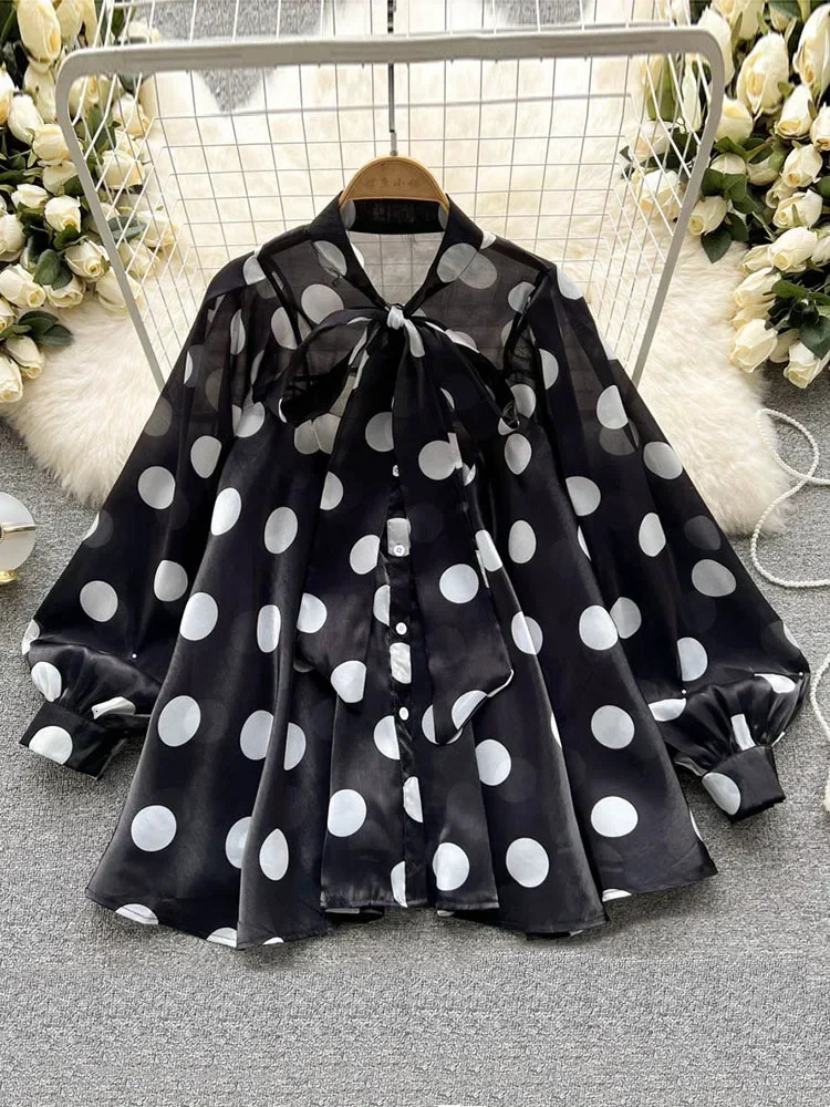 Womens Spring Summer All-match Chiffon Shirt Bow Tie Long-sleeved Polka Dot Western-style Top Blouse D999 250417